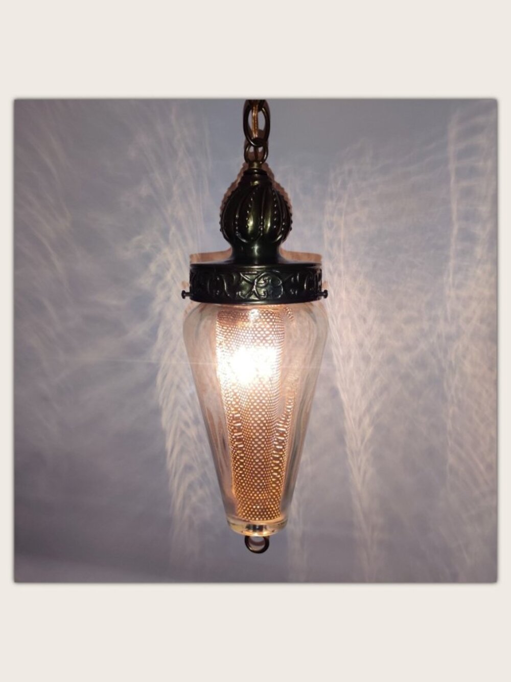 Vintage MCM Swag Lamp w/ Light Diffuser Clear Glass & Brass Tone Metal - Plug-In